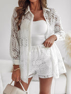 Lace Button-Up Shirt and Shorts Two-Piece Set