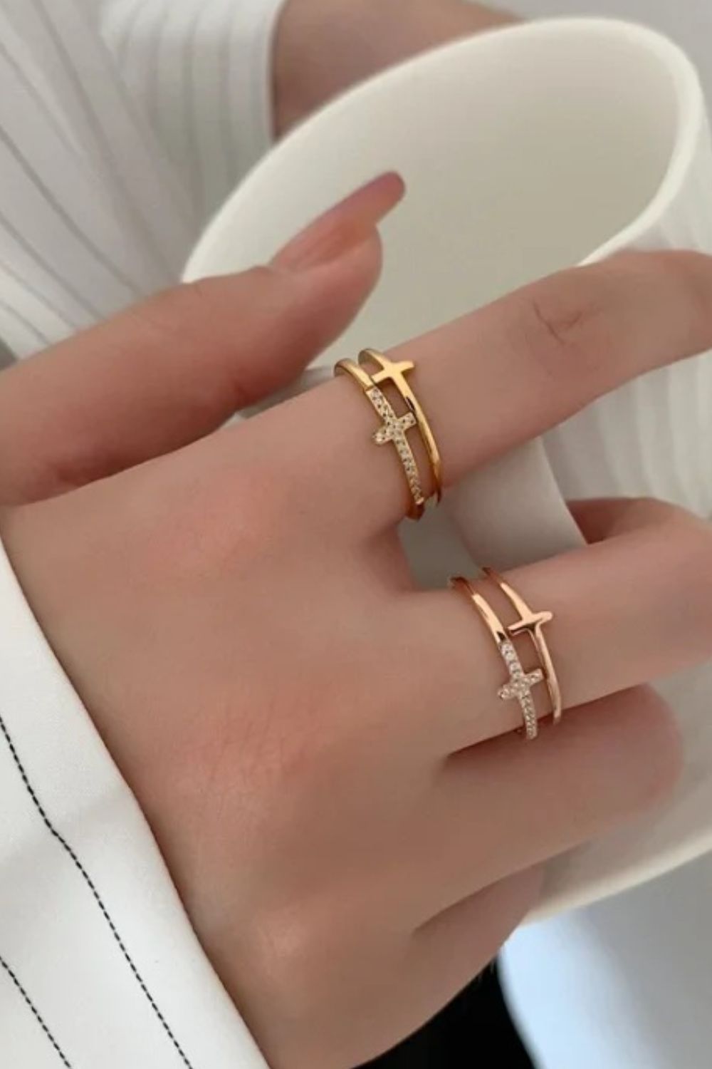 Inland Zircon Cross Ring 18K gold-plated Double Layered 925 Sterling Silver b0f7db07-1b6b-4ea6-9999-c7e03345a322-Max Trendsi