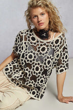 POL Womens Knit Top Crochet Black Beige Openwork Short Sleeve b109013e-b136-4837-9402-8b7a8bed5a61-Max-Origin Trendsi