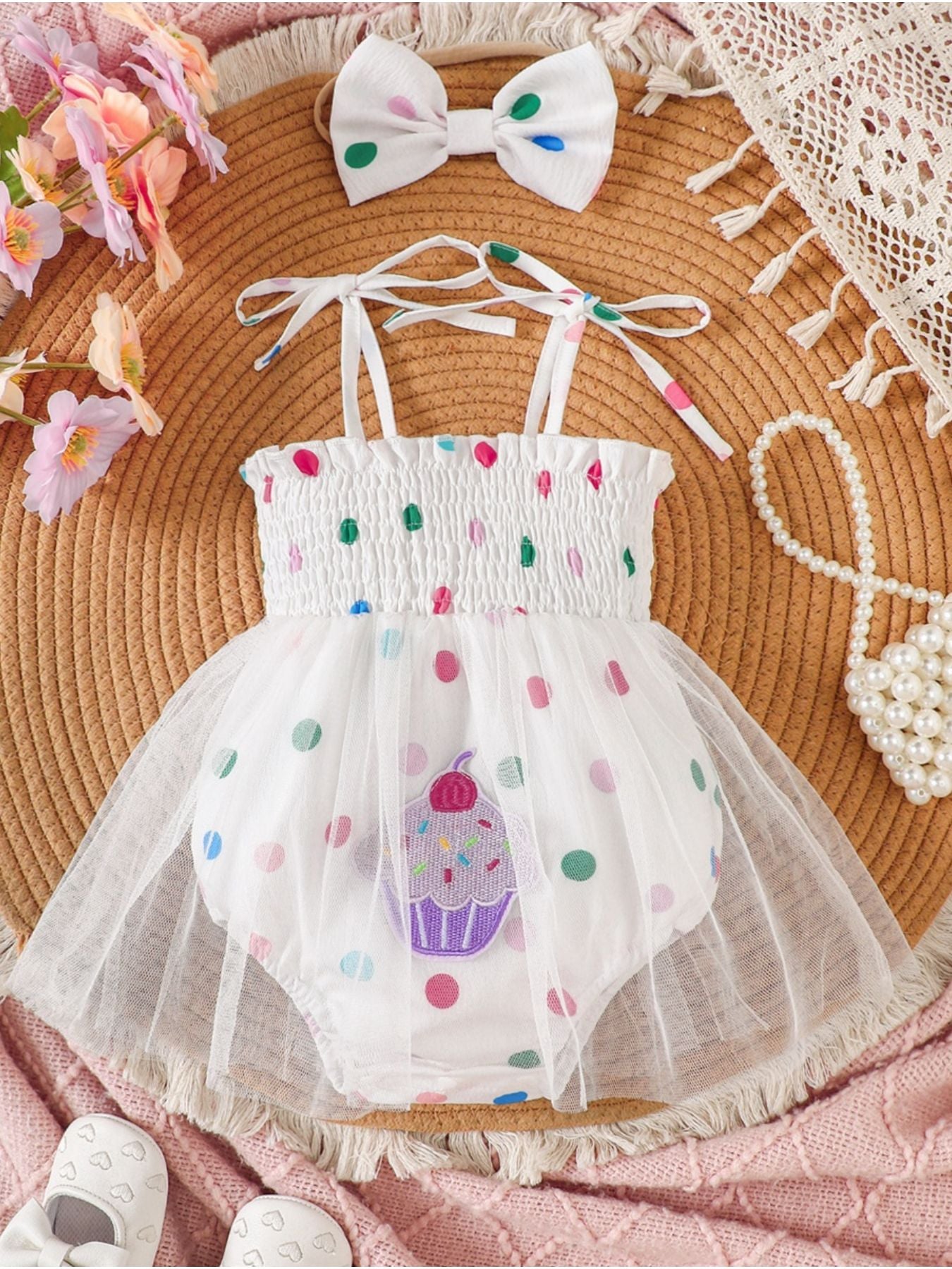 Children's Smocked Tie-Shoulder Bodysuit Dress with Headband, 2-Piece Set