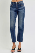 RISEN Womens Jeans Cropped High Rise Slim Barrel Raw Hem Dark Wash b10be94769444c6592ef96ff82cc5c8c-Max-Origin Trendsi