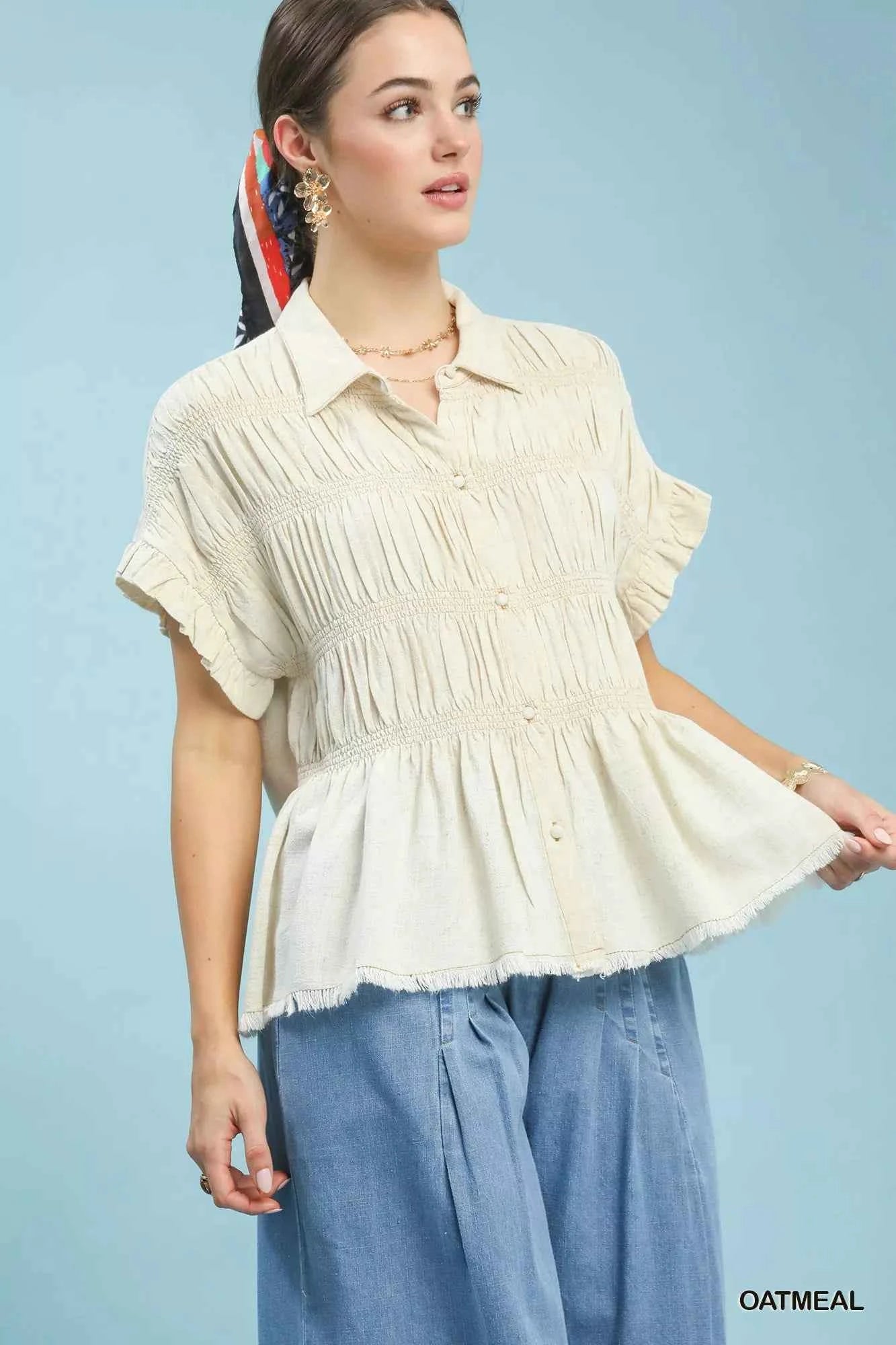 Umgee Washed Linen Blend Smocked Shirt