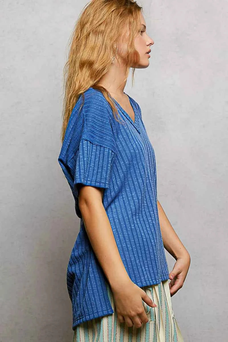 POL Ribbed Knit Top Blue V-Neck Short Sleeve T-Shirt with Side Slit b11233d6-3675-49a1-8e5c-3336fbae75e2-Max-Origin Trendsi