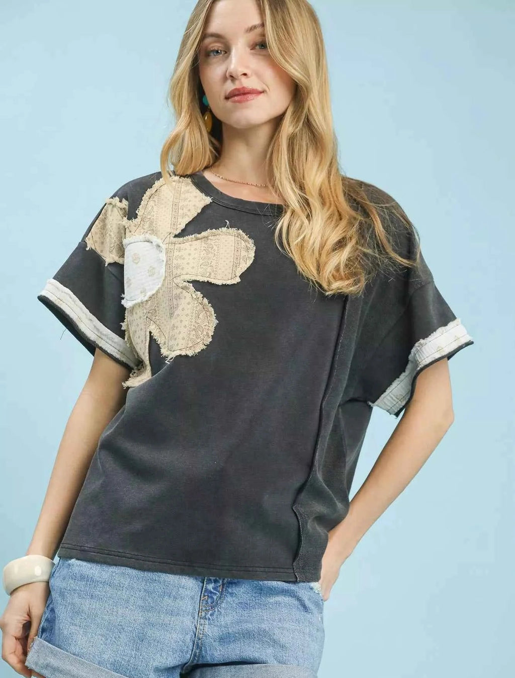 Umgee Blouse French Terry Top with Flower Patch Short Sleeve Ash Gray ASH b11afbbd-f741-44f3-b2a5-f8128945596d-Max-Origin Trendsi