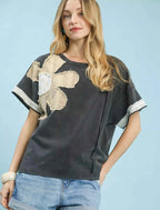 Umgee Blouse French Terry Top with Flower Patch Short Sleeve Ash Gray ASH b11afbbd-f741-44f3-b2a5-f8128945596d-Max-Origin Trendsi