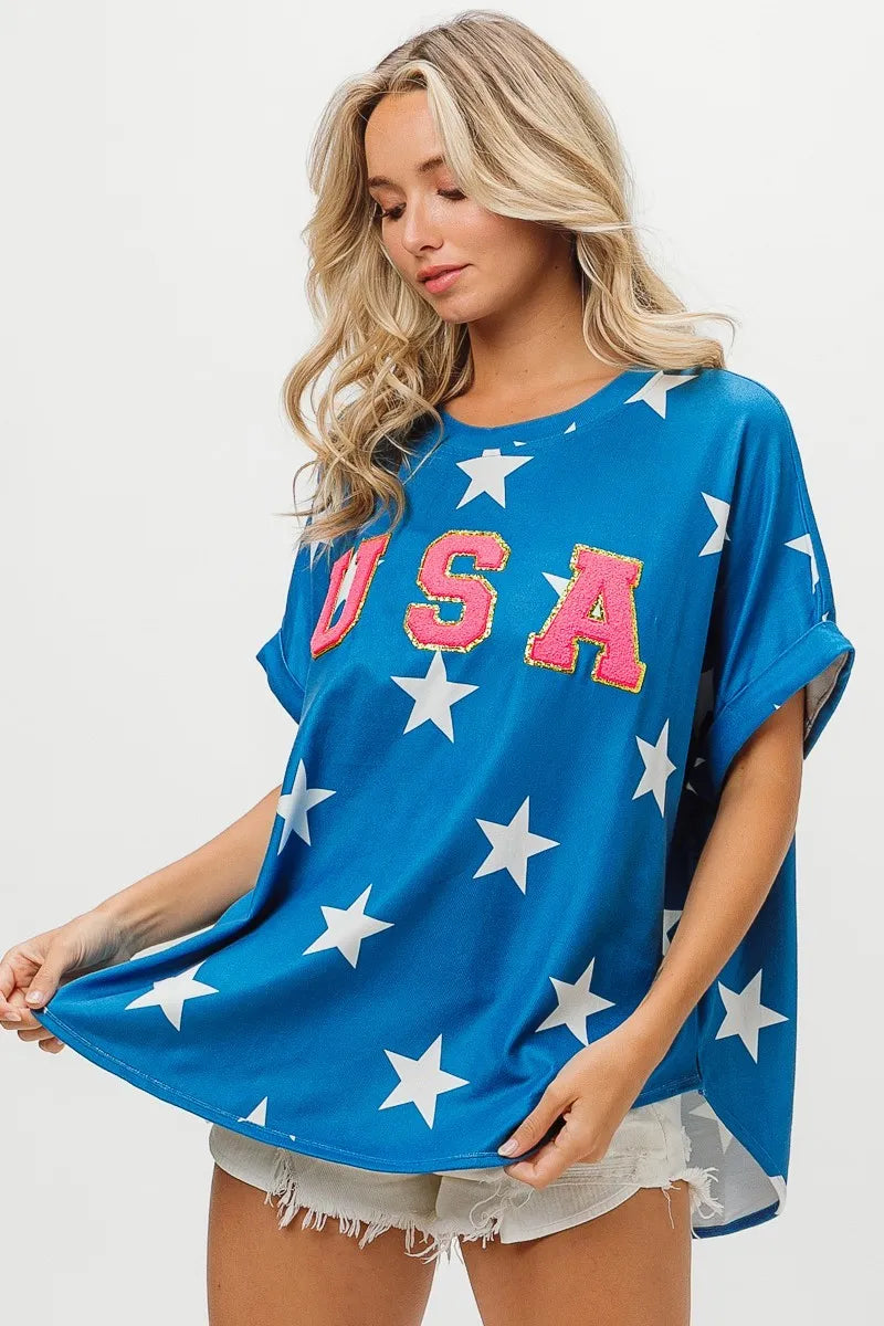 BiBi Cotton T-Shirt Fourth Of July USA Star Knit Rhinestone Glitter Top b12c7f9fbf78484da80c0a6f17eeb93c-Max-Origin Trendsi