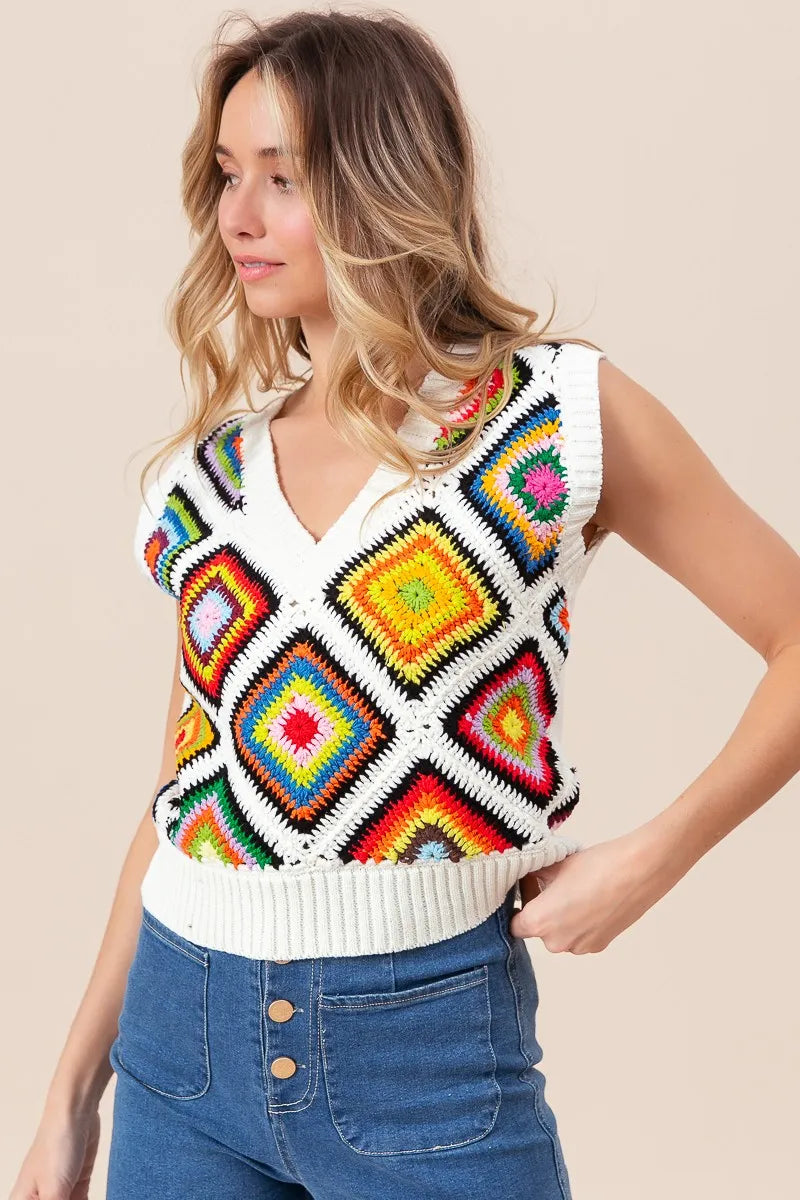 BiBi Sweater Vest Ivory Diamond Granny Multicolor Square Ribbed Knit Top b13cc58284a44557927bacfbe5473ca3-Max-Origin Trendsi