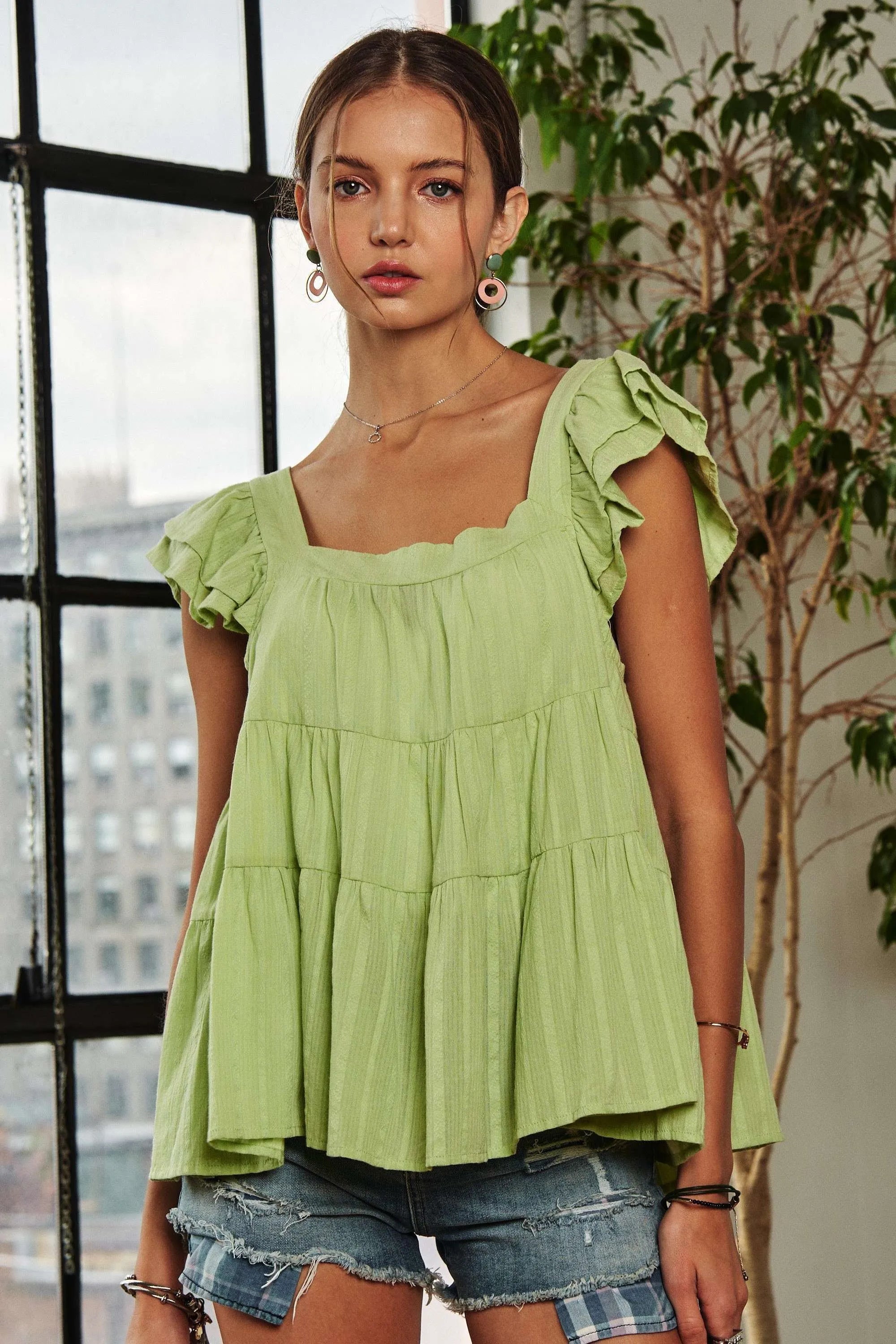 ADORA Ruffle Tunic Top Short Sleeve Babydoll Blouse SAGE