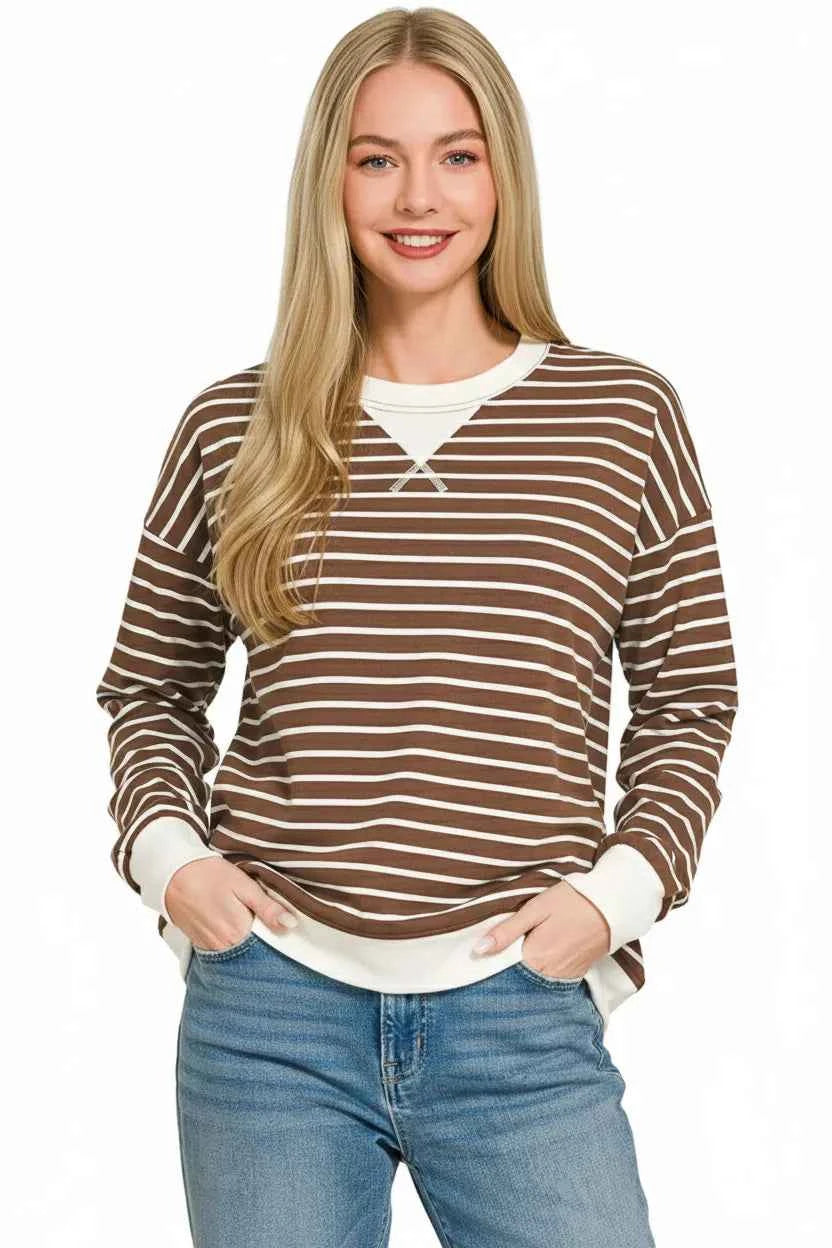 Zenana Contrast Striped Round Neck Sweatshirt
