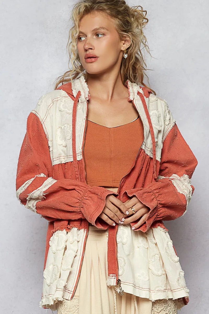 POL Hooded Jacket Orange-Red Color Block Oversized Raw Hem Ruffled