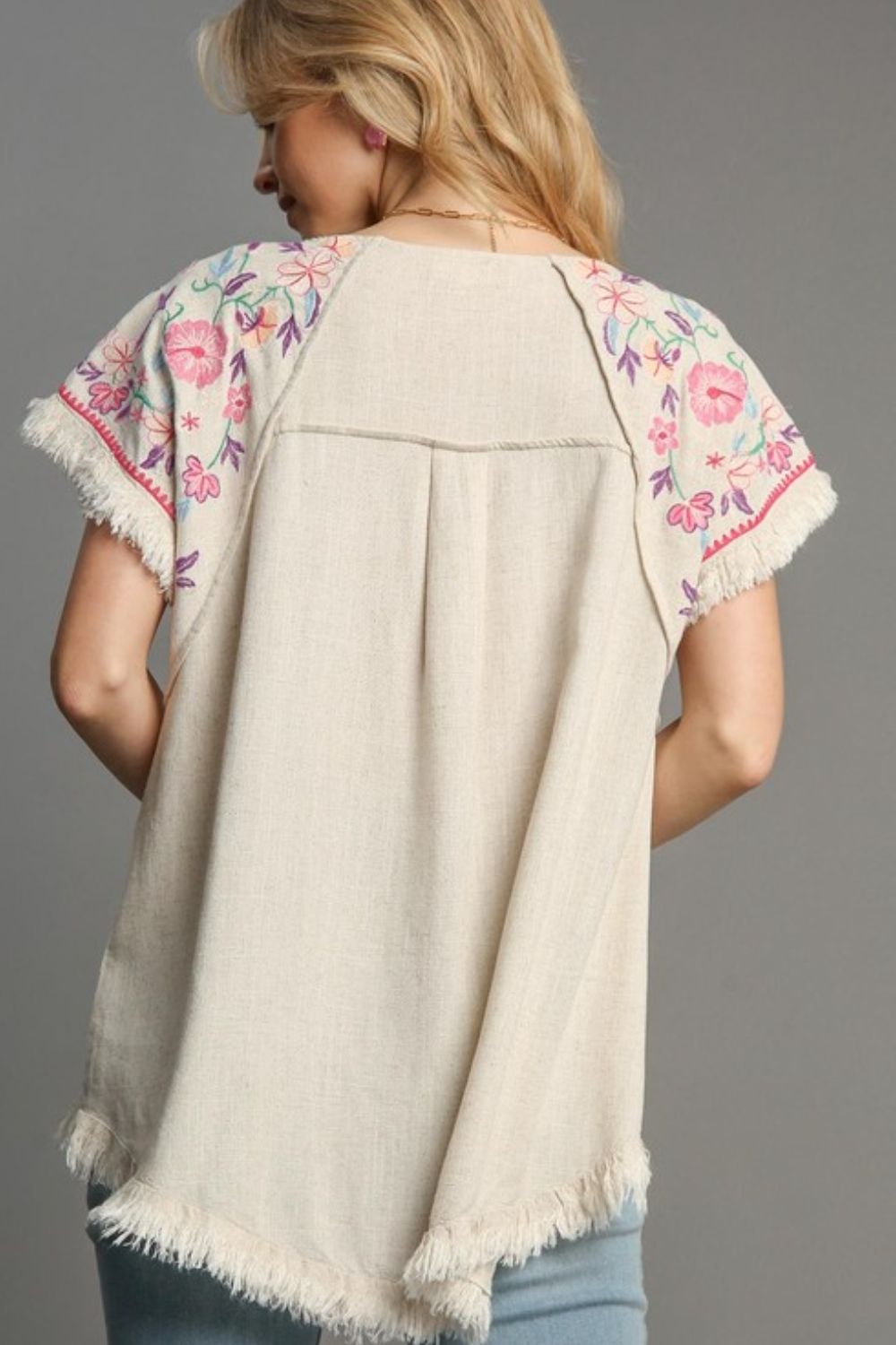Umgee Blouse Linen Cotton Round Neck High Low Hem Frayed Top b163ff72-73f1-4ea1-be41-18f38cdfe7be-Max Trendsi