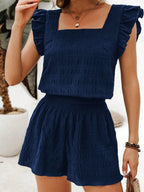 Women's Set Navy Textured Square Neck Top and Shirred High Waist Shorts 2 Pcs Navy b170c721785447ae9cf25d6923f328f5-Max-Origin Trendsi