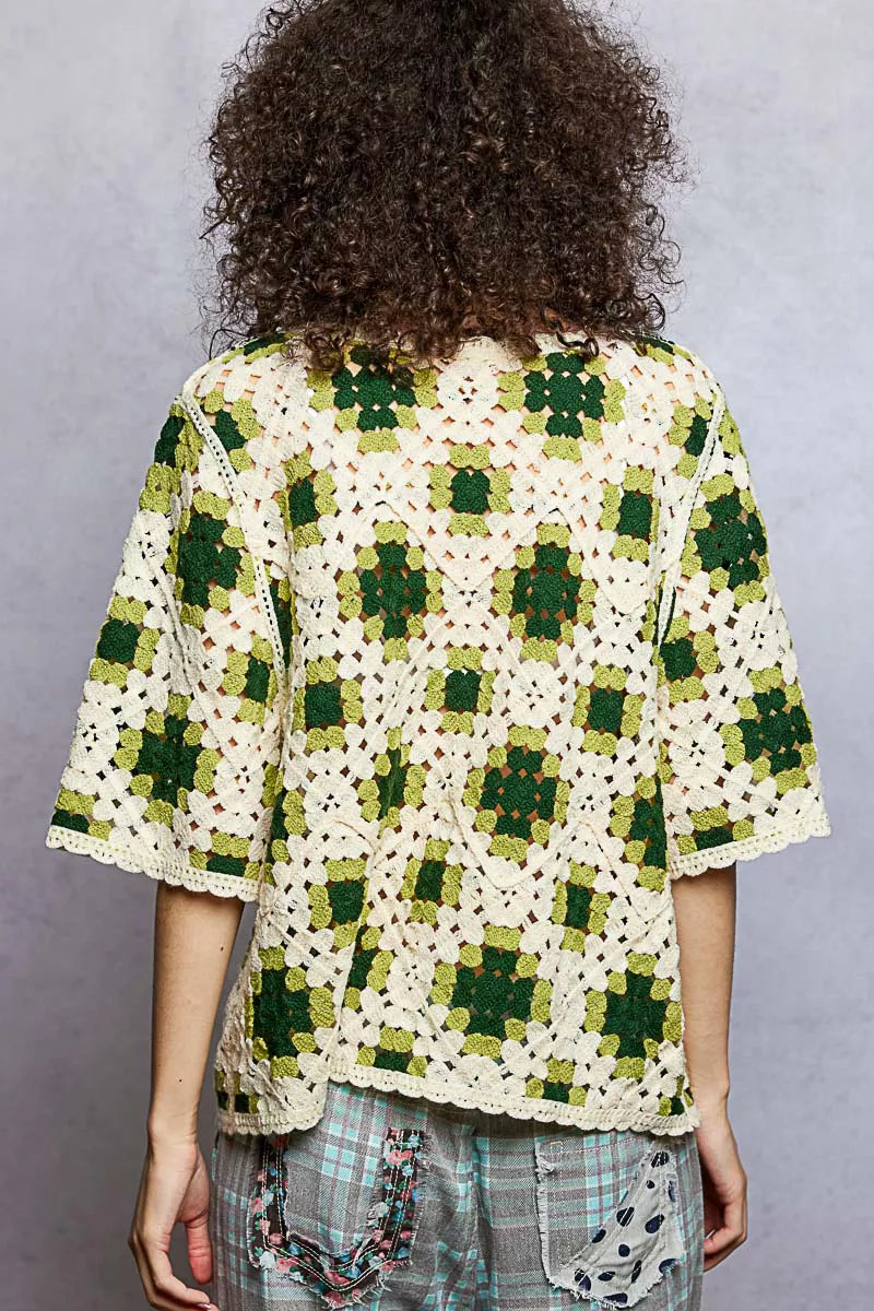 POL Womens Crochet Top Olive Multi Color Pattern Short Sleeve with Border Accents b17c26e9-0806-4038-a7ee-25f6d268349d-Max-Origin Trendsi