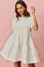 SO ME Floral Mini Dress White Jacquard Diagnol Tiered Short Sleeve b17ea58f845845a8ab9cd7811b6dc2ab-Max-Origin Trendsi