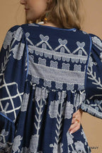 Umgee Mini Dress Navy Tribal Print with Tie Neck Long Sleeve b17ea610-4567-47b7-b180-2c671cc8217f-Max-Origin Trendsi
