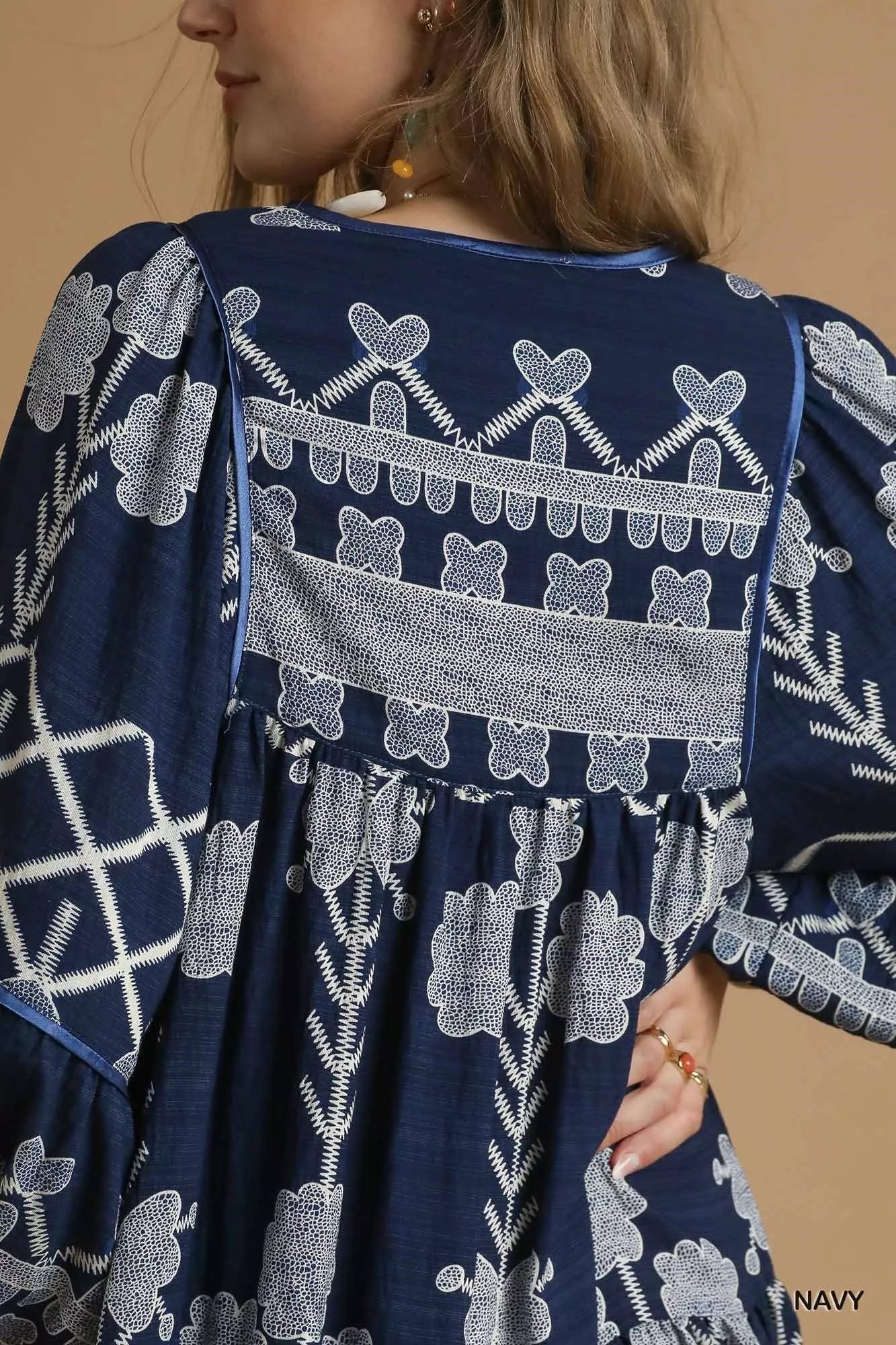 Umgee Mini Dress Navy Tribal Print with Tie Neck Long Sleeve b17ea610-4567-47b7-b180-2c671cc8217f-Max-Origin Trendsi