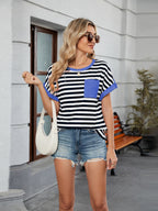 Women's T-Shirt Striped Round Neck Short Sleeve Front Pocket Top b17fa2ab-b2bc-47bf-a406-718cd886bf9d-Max Trendsi