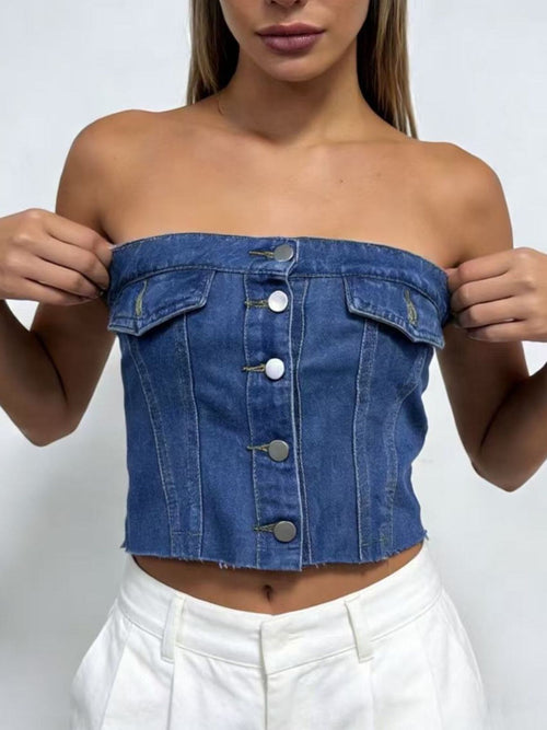 Button Front Denim Tube Top
