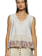 Floral Print V-Neck Textured Tank Top with Ruffle Hem – Lightweight Cotton Blend