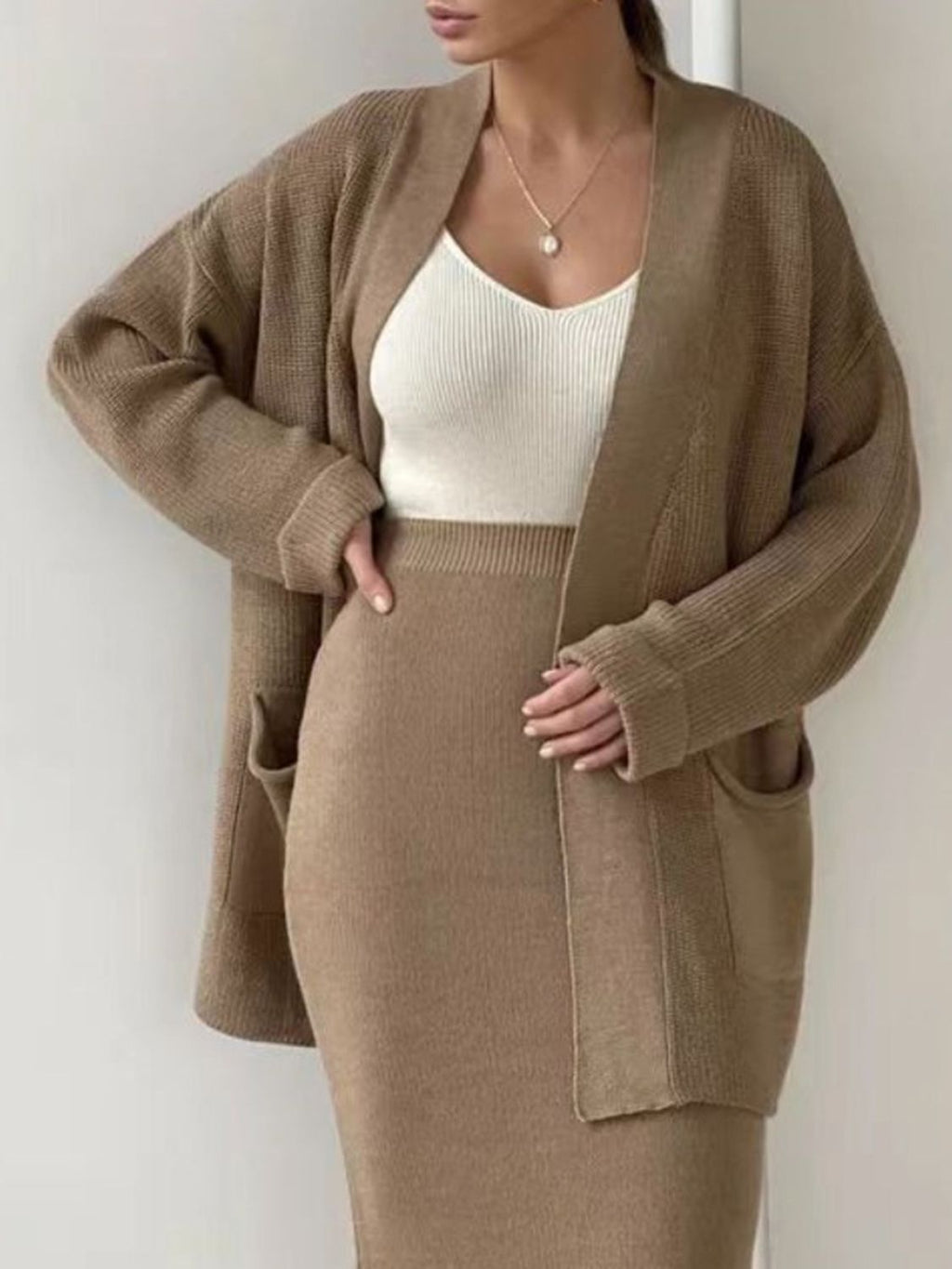 Outfit Set Women Knit Cardigan and Skirt Acrylic 2 Pcs Pocketed Long Sleeve Camel One Size b184ce52-e40e-4b98-bba1-332b618cf6c0-Max Trendsi