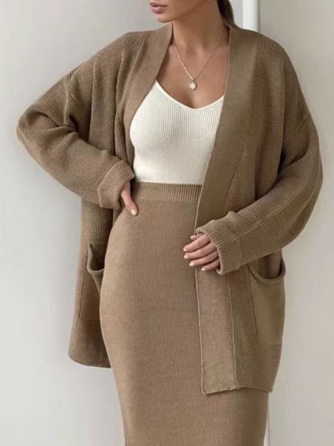 Outfit Set Women Knit Cardigan and Skirt Acrylic 2 Pcs Pocketed Long Sleeve Camel One Size b184ce52-e40e-4b98-bba1-332b618cf6c0-Max Trendsi