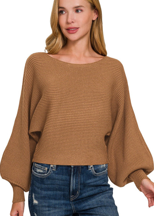Zenana Boat Neck Balloon Sleeve Sweater