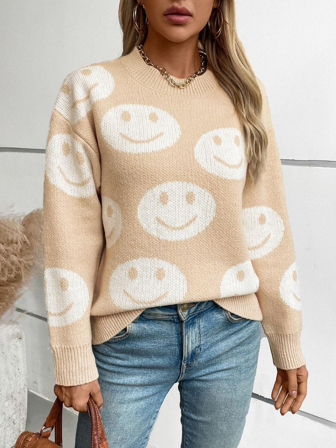 Sweater Smile Pattern Round Neck Long Sleeve Knitwear b1958e21-384a-43d4-88a0-f856591c834b-Max Trendsi