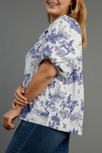 Umgee Blouse Blue Two Tone Landscape Print Round Neck Short Sleeve Top b19f15b3-42df-4e9a-8fed-26fdc1d3ff97-Max Trendsi