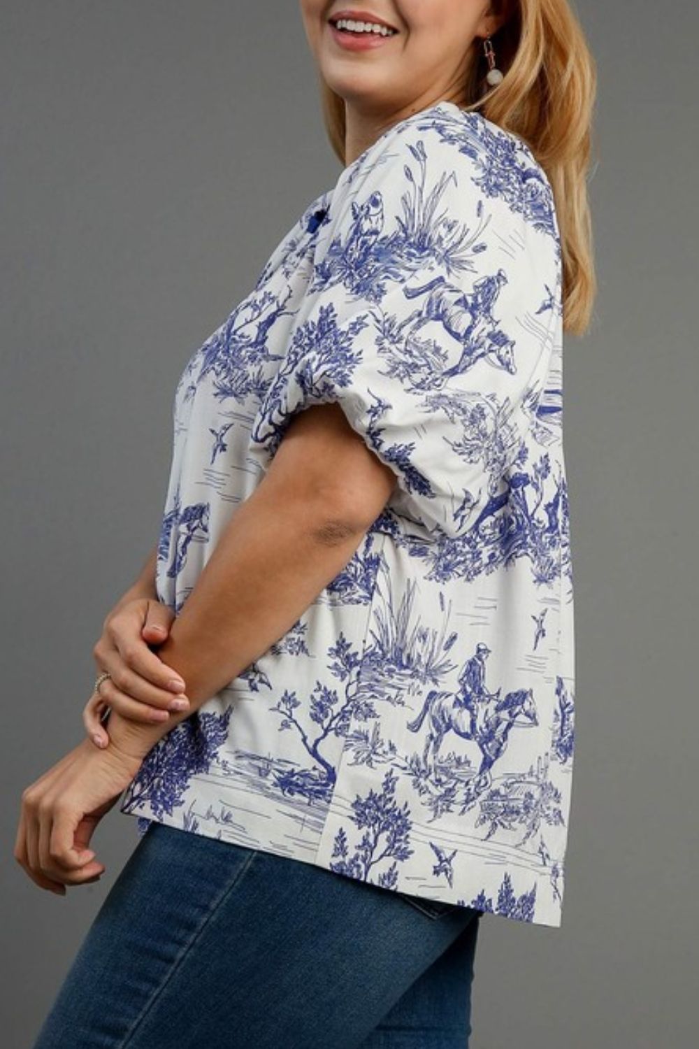 Umgee Blouse Blue Two Tone Landscape Print Round Neck Short Sleeve Top b19f15b3-42df-4e9a-8fed-26fdc1d3ff97-Max Trendsi