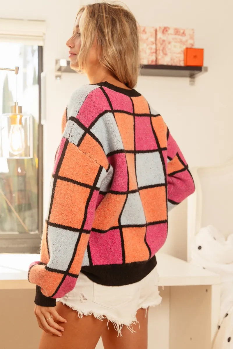 BiBi Women's Sweater Checker Orange Red Multi Color Pattern Oversized b1a044c9bdb849848e2cbd52aec02915-Max-Origin Trendsi