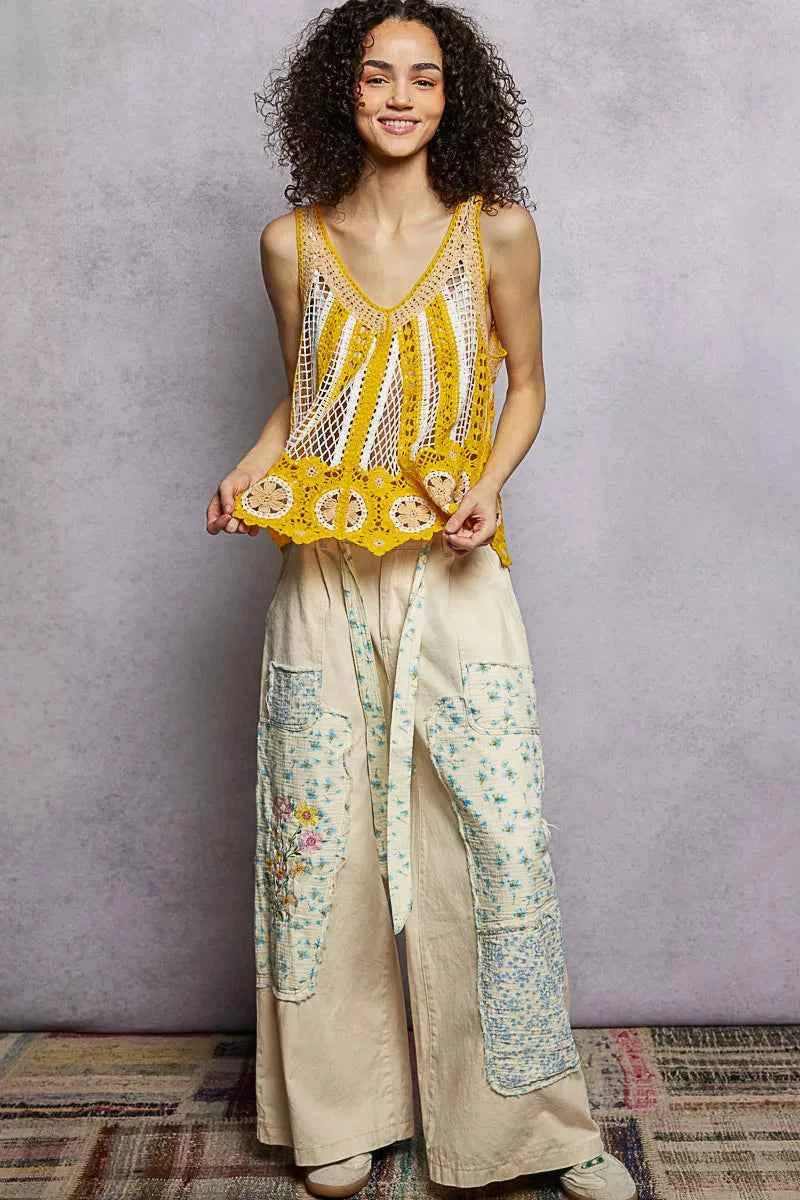 POL Tank Top Openwork Knit Yellow Multi Stripe Pattern Flowy with Scalloped Edge b1a25143-1853-4e77-8566-e23602a9658c-Max-Origin Trendsi
