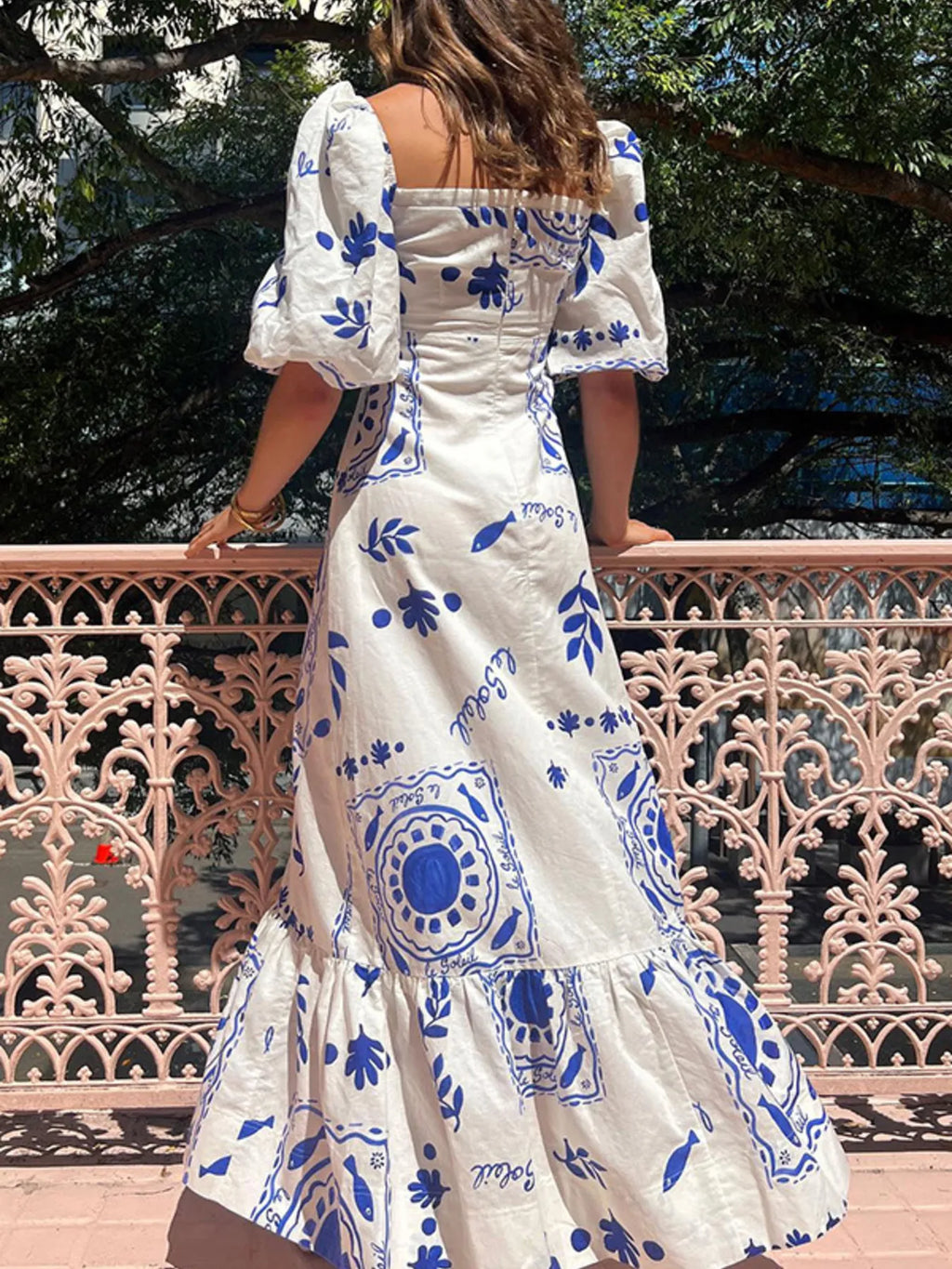 Maxi Dress Floral Square Neck Puff Short Sleeve with Ruffle Hem b1a7752bf20e41b7b17c8516530161f7-Max-Origin Trendsi