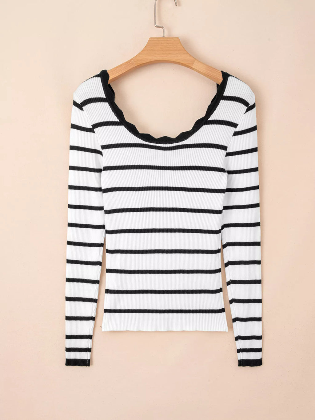 Women's Knit Top Black Striped Scalloped Trim U Neck Striped Ribbed Slim b1ac1e1653e74fb1868984ad9b6536cf-Max-Origin Trendsi
