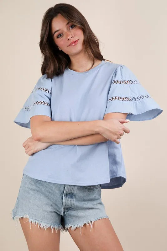 VERY J Top Ruffle Short Sleeve Lace Trim Sky Blue Blouse