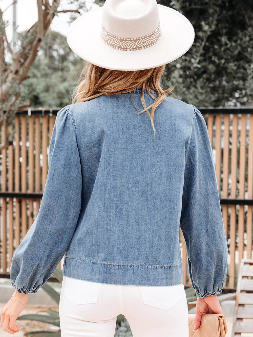 Women's Denim Top Tied Front Puff Long Sleeve Dusty Blue Blouse b1b3b13477524136b3fde3768e9913d0-Max-Origin Trendsi