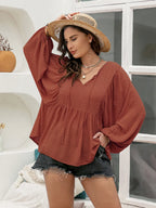 Plus Size Swiss Dot Long Sleeve Blouse with Tie Neck