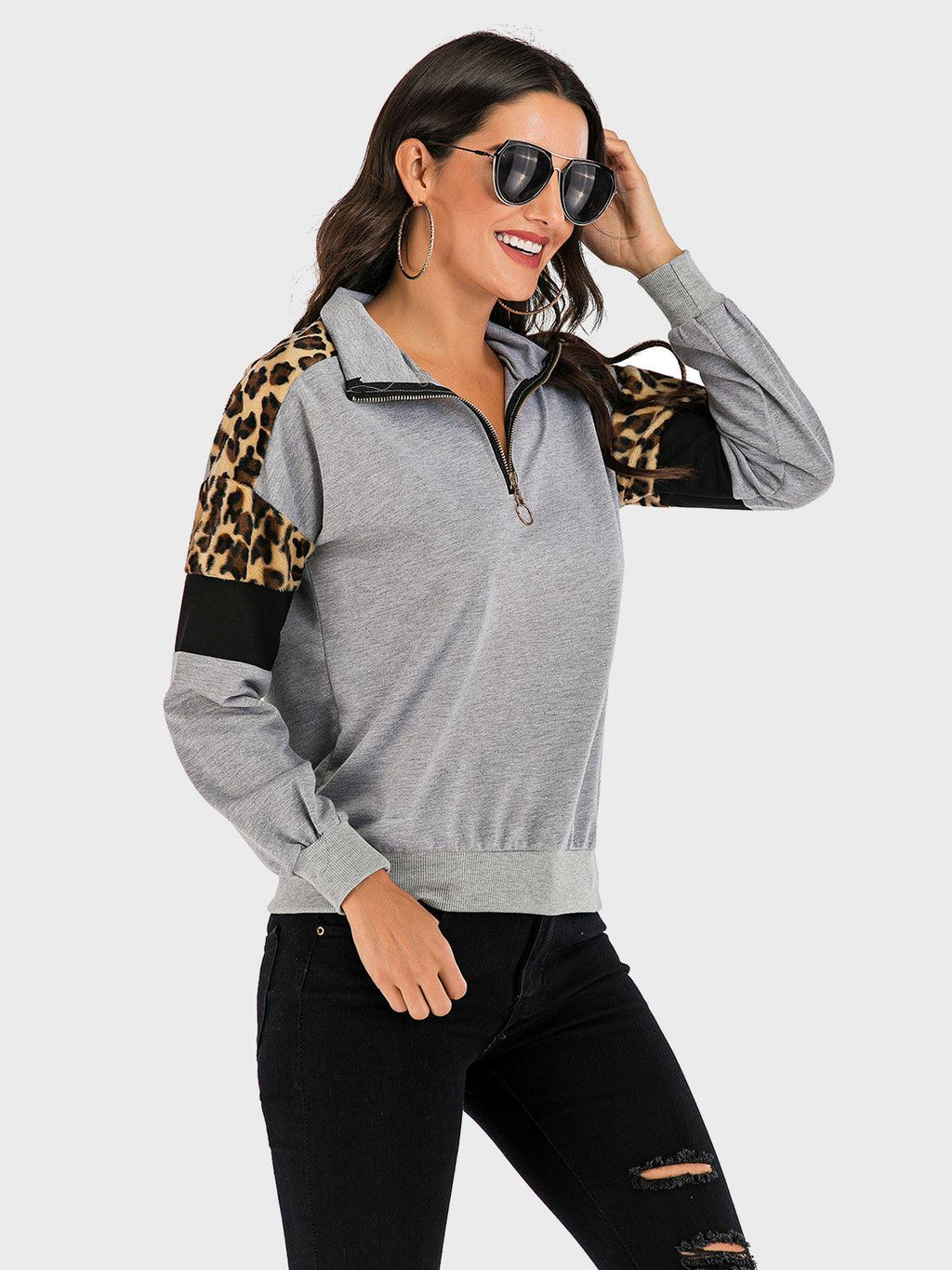 Perfee Sweatshirt Contrast Leopard Half Zip Long Sleeve Tops b1bdf1b8-67d6-436c-83ee-1f1a13e7d6ba-Max Trendsi