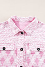 Women's Shacket Pink Geometric Print Textured Flap Pockets Long Sleeve Outwear b1bfff6a-bad2-4c7a-b811-3b8659a6a493-Min Trendsi