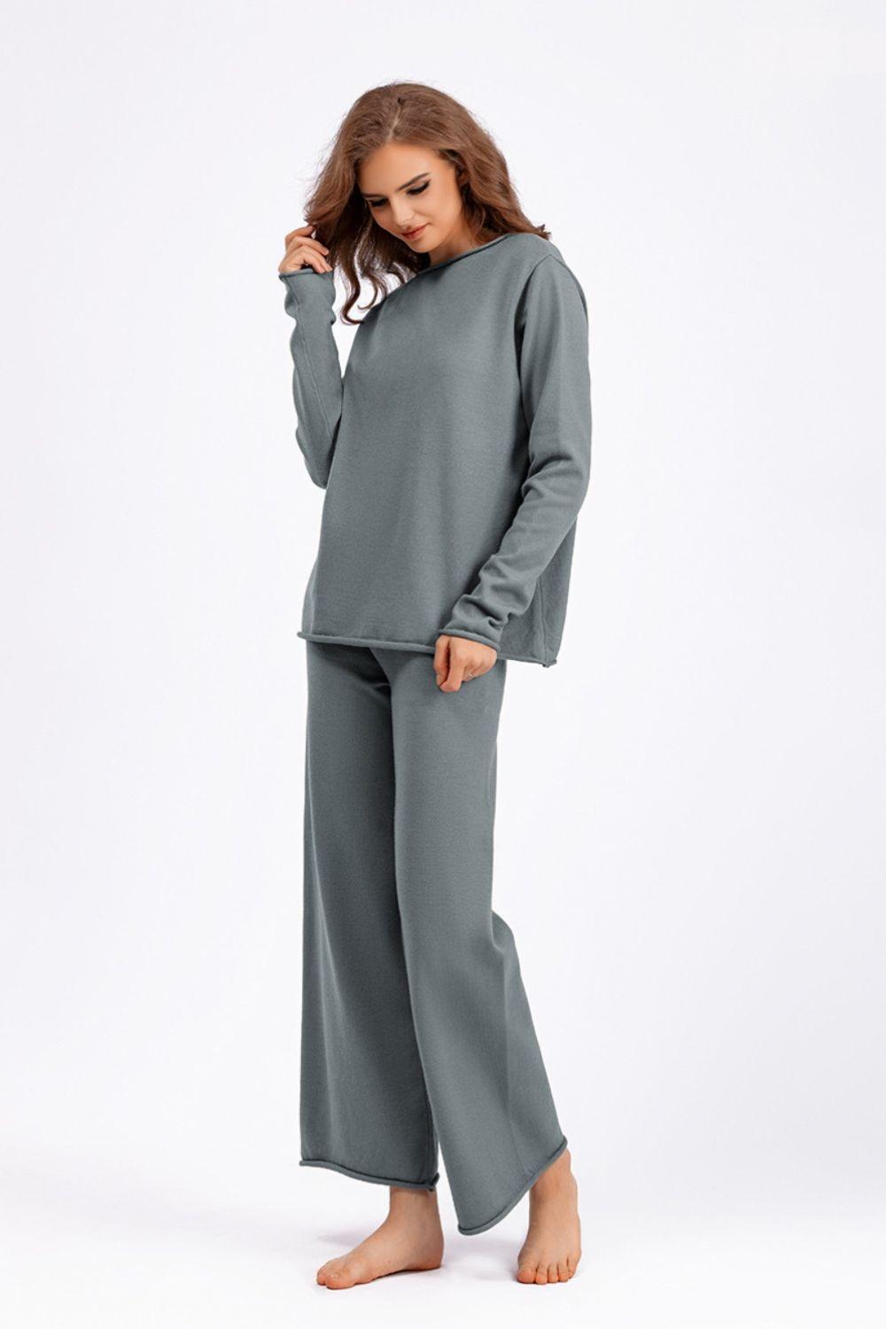 Basic Bae Outfit Sweater Set Rolled Edges Round Neck Long Sleeve Top Pants