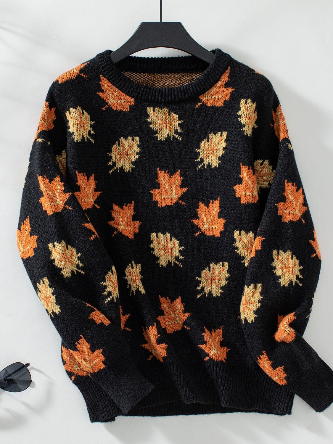 Maple Leaf Sweater Round Neck Long Sleeve Green Pullover Black b1c0fc87-81dc-4217-a79a-a73d4edcc7aa-Max Trendsi