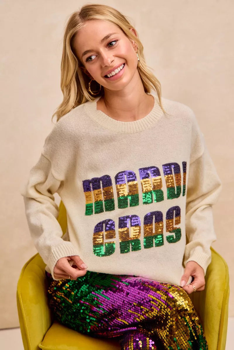 BiBi Women Sweatshirt Ivory Mardi Gras Sequin Lattering Knit Top b1c680a7fb3340a3ba053f212d9672d5-Max-Origin Trendsi