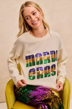 BiBi Women Sweatshirt Ivory Mardi Gras Sequin Lattering Knit Top b1c680a7fb3340a3ba053f212d9672d5-Max-Origin Trendsi