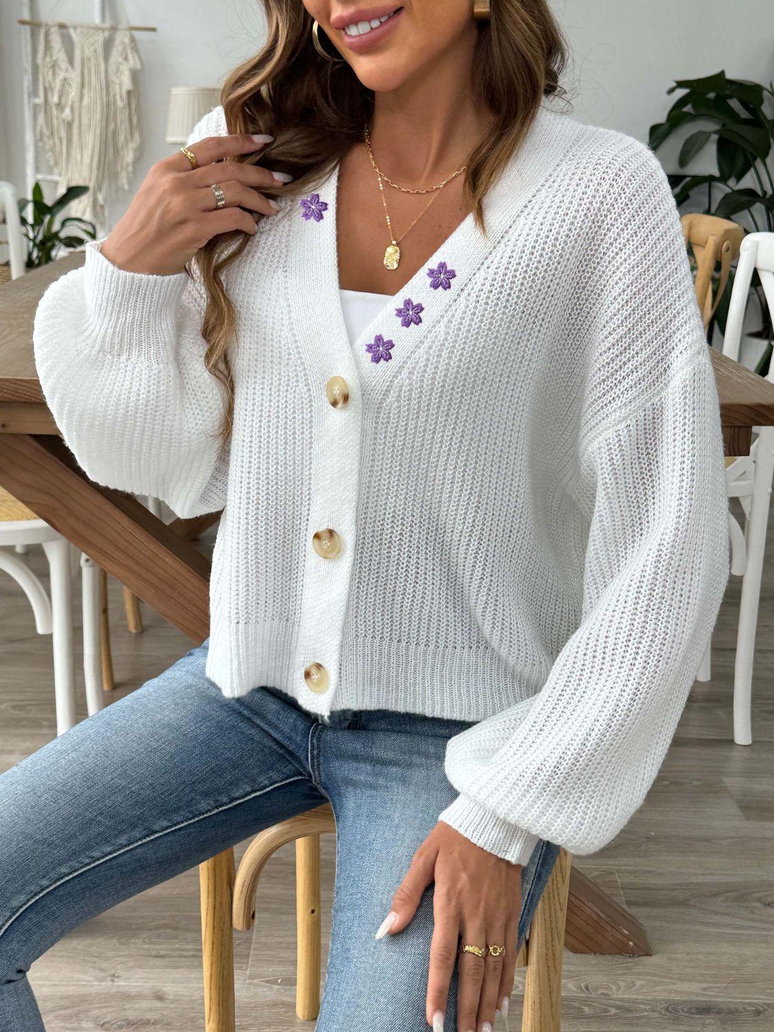 Knit Cardigan V-Neck Flower Embroidered Button Up Long Sleeve White b1cb0961-d9d1-493b-bbdf-5ec4ac1c26f6-Max Trendsi
