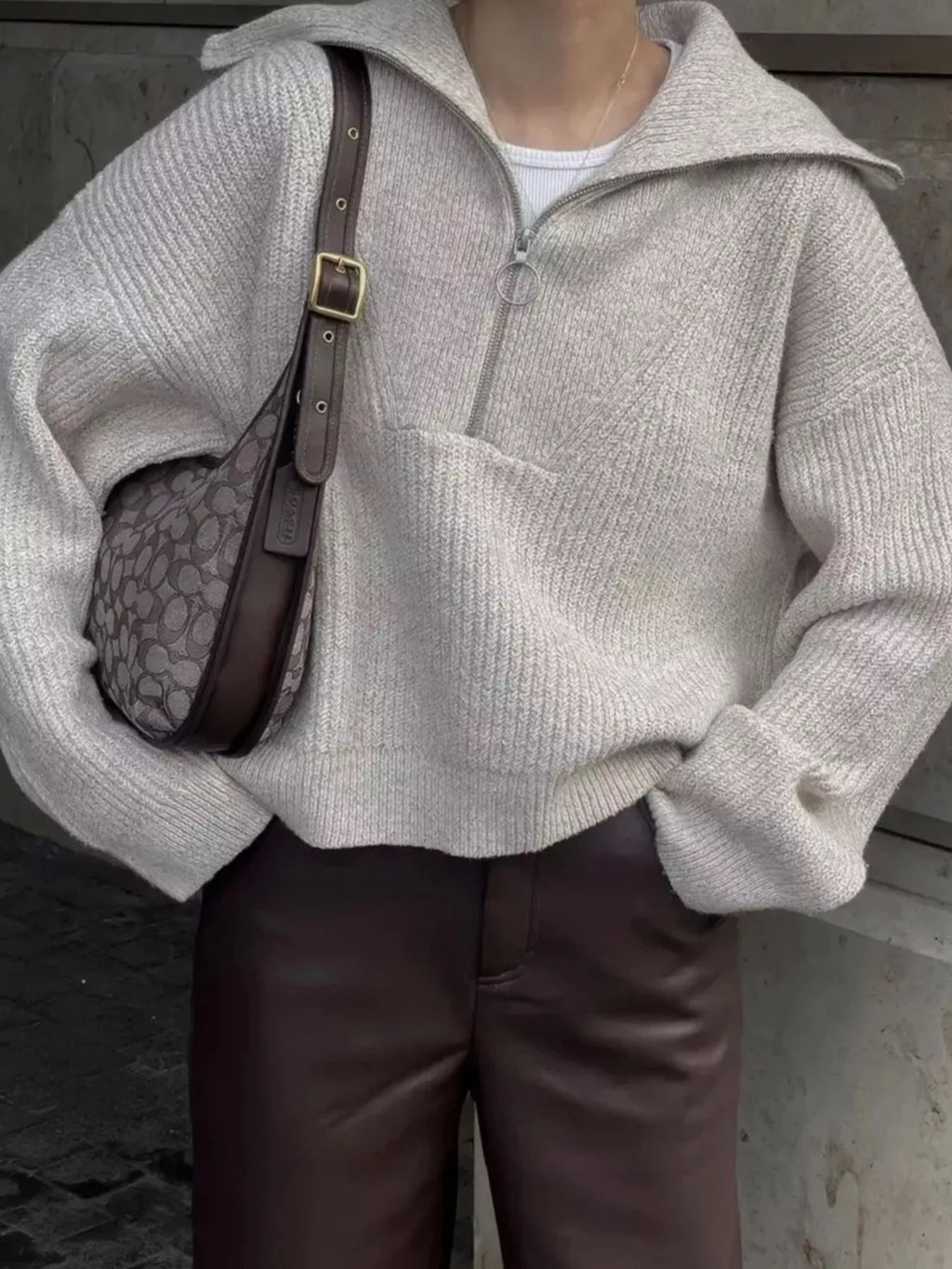 Women's Sweater Half Zip Dropped Shoulder Knit Loose Pullover Gold One Size b1cf65aa-6a06-4e15-aa3c-2173c5c26eab-Max-Origin Trendsi