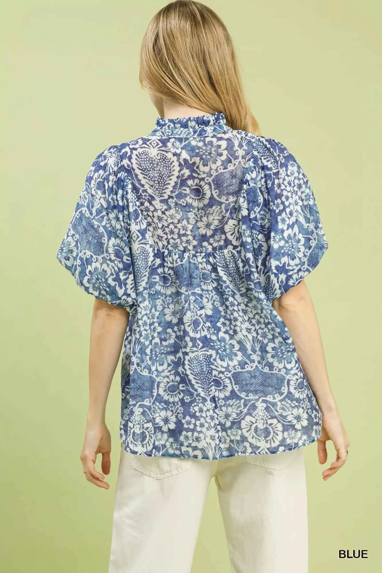 Umgee Blouse Blue Abstract Print Ruffled Puff Short Sleeve Top b1d05ac0-71e2-4f0c-95c3-385d454974a5-Max-Origin Trendsi