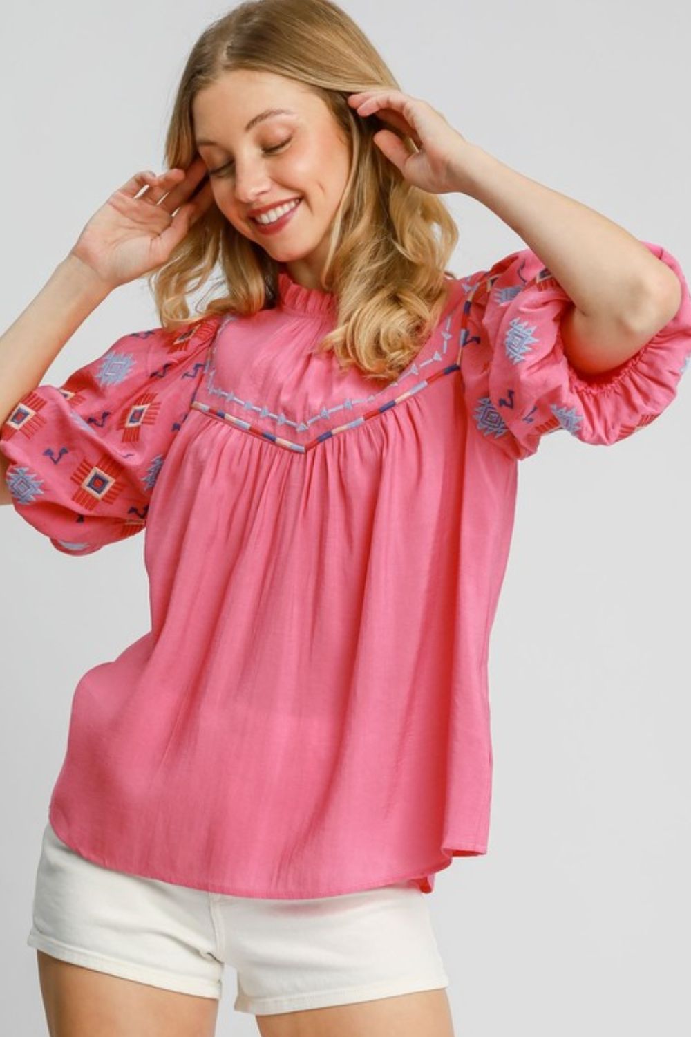 Umgee Blouse Hot Pink Embroidered Puff Sleeve Mock Neck Top Hot Pink b1d09589-3c7e-4080-8c06-b5c5c95f4650-Max Trendsi