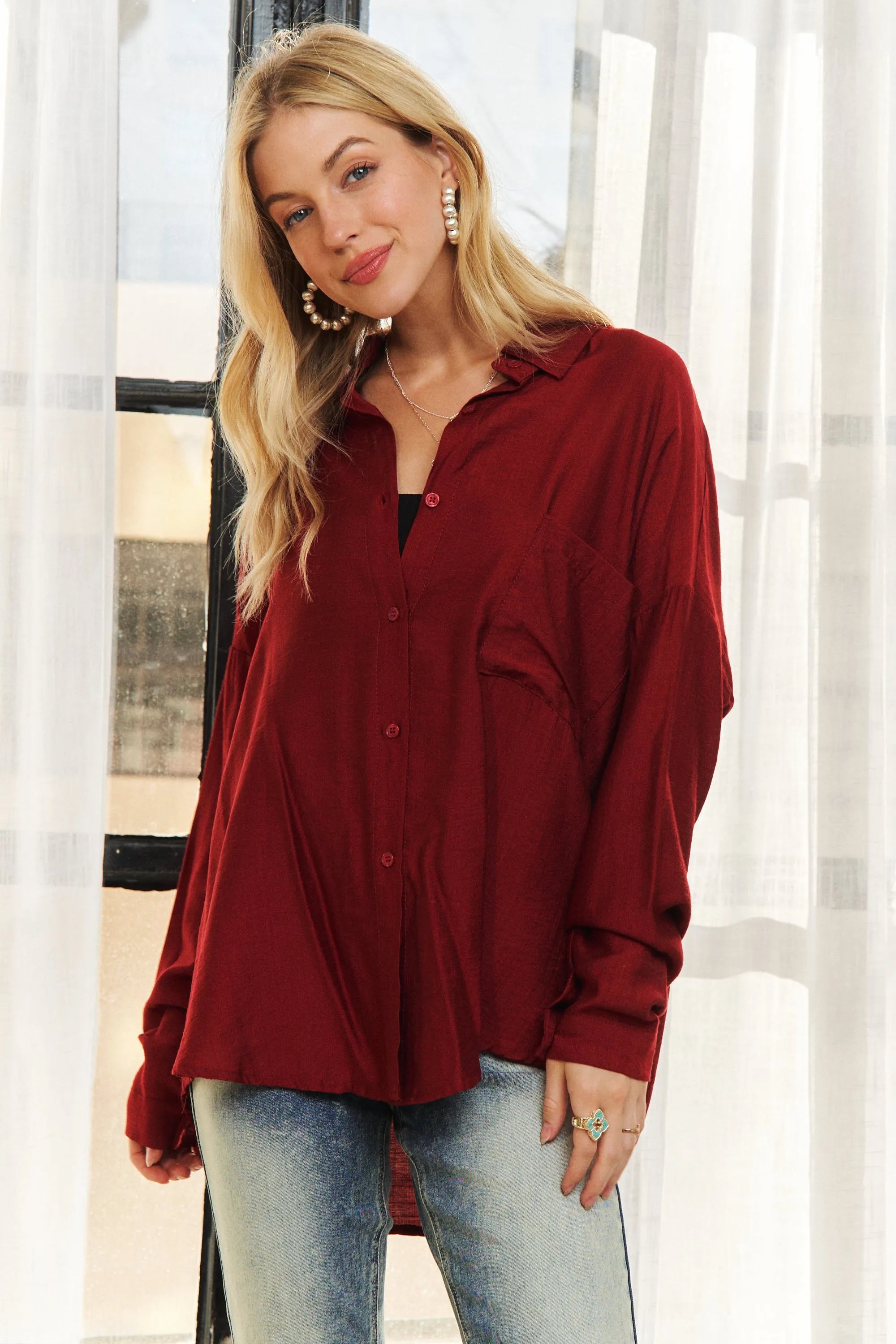 ADORA Linen Shirt Burgundy Oversized Pocketed Long Sleeve Top b1d39b6e704d4b41ac52437e7c677563-Max-Origin Trendsi