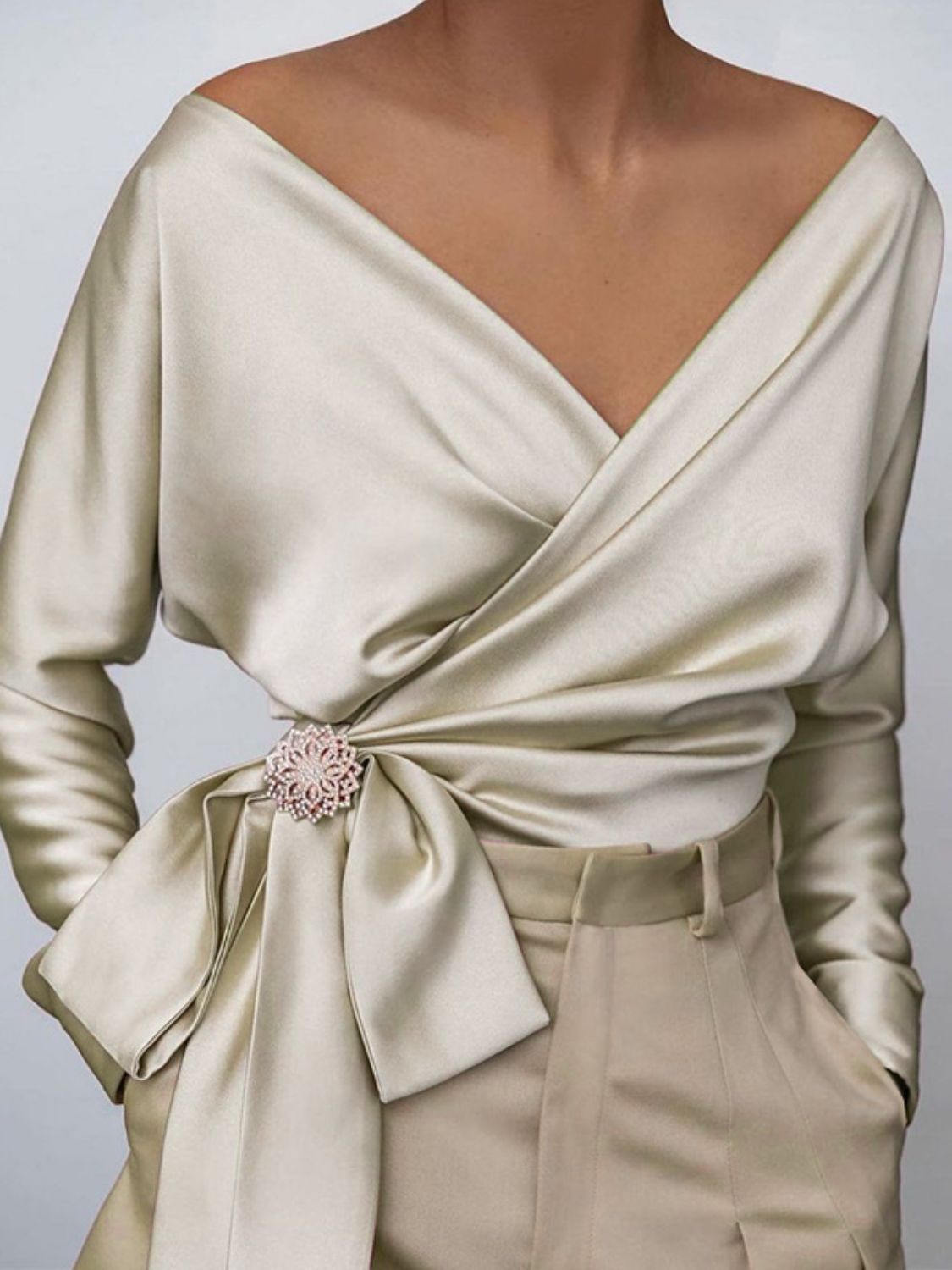 Women's Satin Blouse Surplice Cold Shoulder Long Sleeve Bow Tied Top Cream b1e24aba-1435-49f5-bd1e-0bac1f6d9da6-Max Trendsi