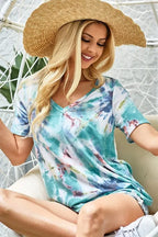 BiBi Tie Dye Womens T-shirt Terry V Neck Pastel Green Top Short Sleeve b1e59d8ea0c74f95b200687e52d1c1c7-Max-Origin Trendsi