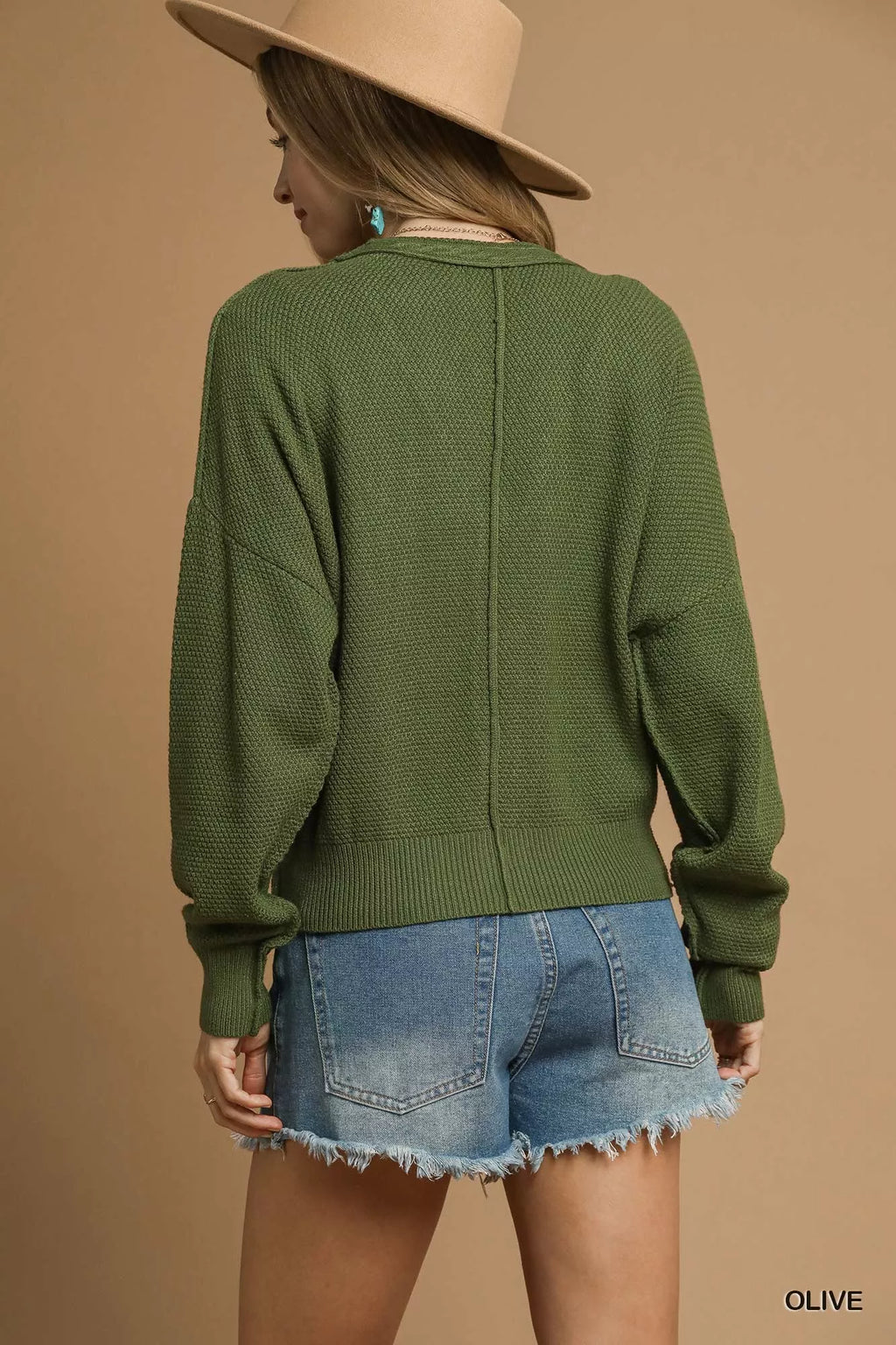 Umgee Button-Up Cardigan Olive Green Chunky Cable Knit V-Neck Sweater b1f0c0db-6502-4d1a-8919-793e70d78854-Max-Origin Trendsi